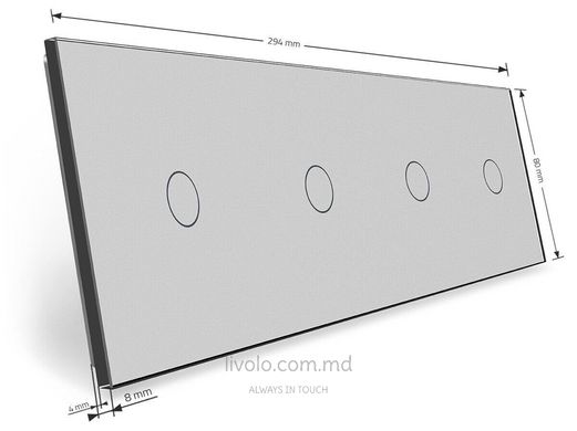 Панель для четырех сенсорных выключателей Livolo, 4 клавиши (1+1+1+1), стекло, цвет Серый