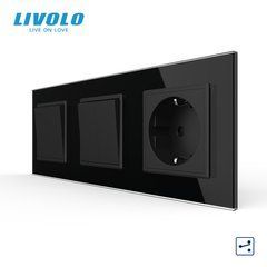 &Icirc;ntrerupător mecanic cap-scară Livolo 1+2 clape+1 priză, borne fără șurub, 3 posturi, Negru