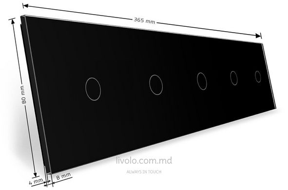 Панель для пяти сенсорных выключателей Livolo, 5 клавиш (1+1+1+1+1), стекло, цвет Черный