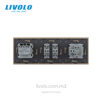 Механический проходной выключатель Livolo 1+2 клавиши+1 розетка с самозажимными клеммами, 3 поста, Золотой