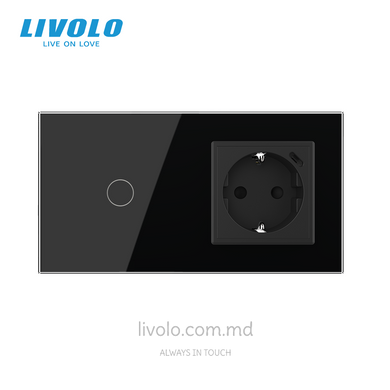 &Icirc;ntrerupător tactil Livolo 1 clapă + 1 priză cu USB-C, 2 posturi, Negru
