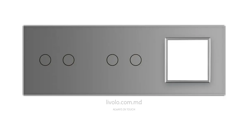 Панель для двух сенсорных выключателей и розетки Livolo, 4 клавиши (2+2+0), стекло, цвет Серый