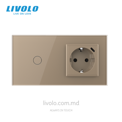 &Icirc;ntrerupător tactil Livolo 1 clapă + 1 priză cu USB-C, 2 posturi, Auriu