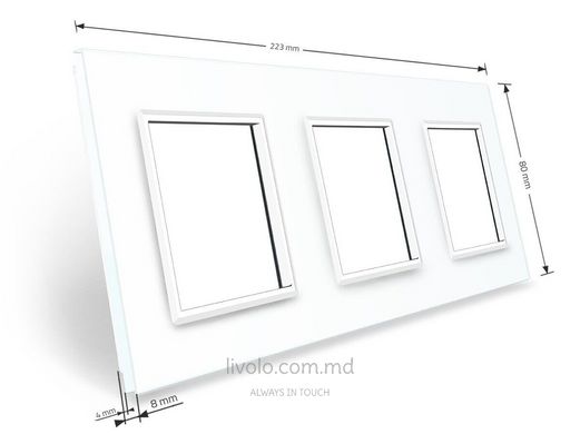 Рамка для розетки Livolo 3 поста, стекло, цвет Белый