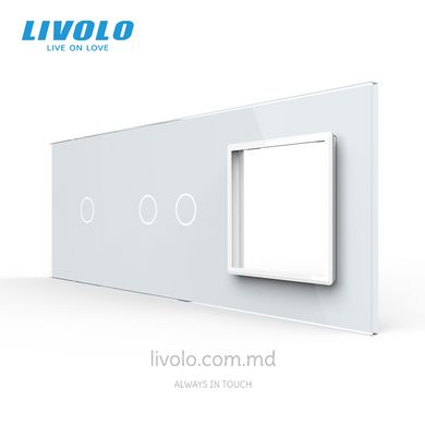 Панель для двух сенсорных выключателей и розетки Livolo, 3 клавиши (1+2+P), стекло, цвет Белый