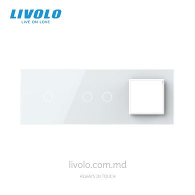 Панель для двух сенсорных выключателей и розетки Livolo, 3 клавиши (1+2+P), стекло, цвет Белый