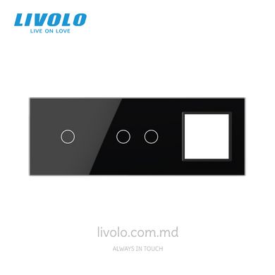 Панель для двух сенсорных выключателей и розетки Livolo, 3 клавиши (1+2+P), стекло, цвет Черный