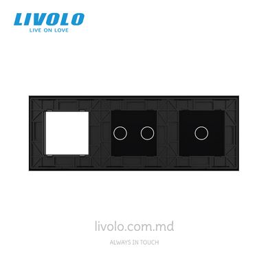 Панель для двух сенсорных выключателей и розетки Livolo, 3 клавиши (1+2+P), стекло, цвет Черный