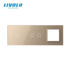 Панель для двух сенсорных выключателей и розетки Livolo, 3 клавиши (1+2+P), стекло, цвет Золотой