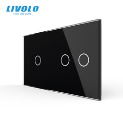 Панель для двух сенсорных выключателей Livolo, 3 клавиши (1+2), стекло, цвет Черный