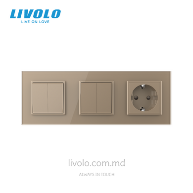 Механический проходной выключатель Livolo 2+2 клавиши+1 розетка с самозажимными клеммами, 3 поста, Золотой