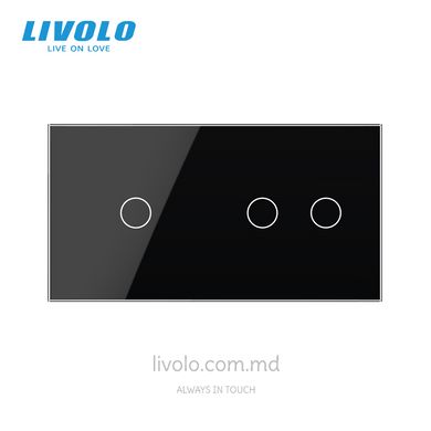 Панель для двух сенсорных выключателей Livolo, 3 клавиши (1+2), стекло, цвет Черный