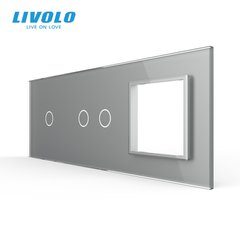 Панель для двух сенсорных выключателей и розетки Livolo, 3 клавиши (1+2+P), стекло, цвет Серый