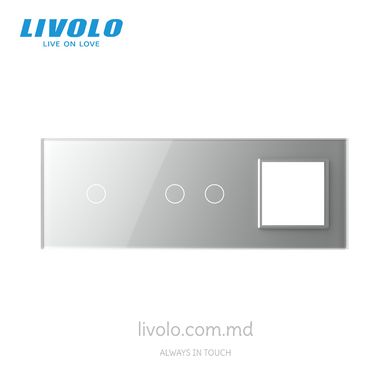 Панель для двух сенсорных выключателей и розетки Livolo, 3 клавиши (1+2+P), стекло, цвет Серый