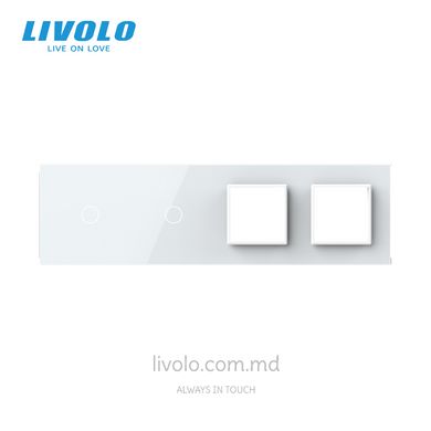 Панель для двух сенсорных выключателей и двух розеток Livolo, 2 клавиши (1+1+0+0), стекло, цвет Белый