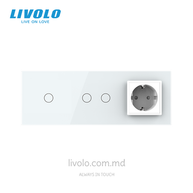 Сенсорный выключатель Livolo 1 клавиша + 2 клавиши + 1 розетка, 3 поста, Белый