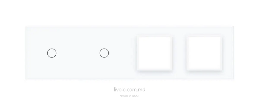 Панель для двух сенсорных выключателей и двух розеток Livolo, 2 клавиши (1+1+0+0), стекло, цвет Белый