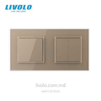 Механический проходной выключатель Livolo, 1+2 клавиши, 2 поста, Золотой