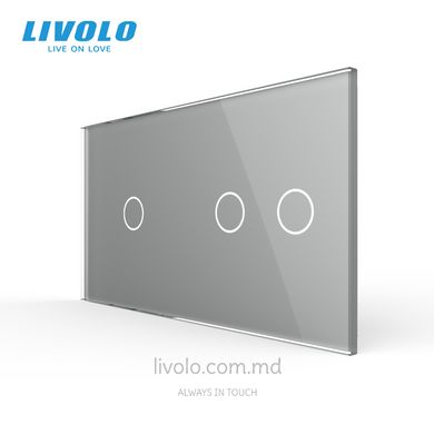 Панель для двух сенсорных выключателей Livolo, 3 клавиши (1+2), стекло, цвет Серый