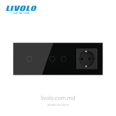 Сенсорный выключатель Livolo 1 клавиша + 2 клавиши + 1 розетка, 3 поста, Черный