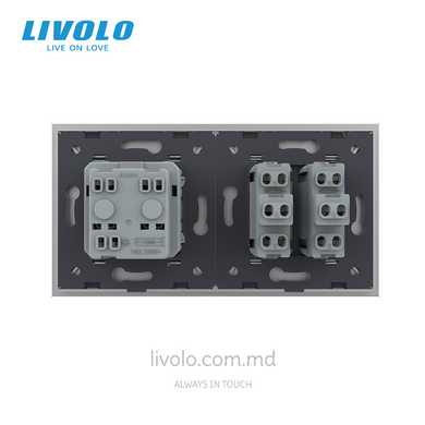 Механический проходной выключатель Livolo 2 клавиши + 1 розетка, 2 поста, Серый