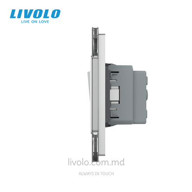 Механический проходной выключатель Livolo 2 клавиши + 1 розетка, 2 поста, Серый