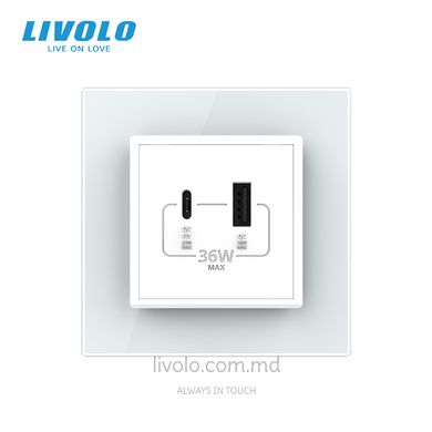 Розетка USB-A + USB-C 36W Livolo, стеклянная рама, Белый, Белый