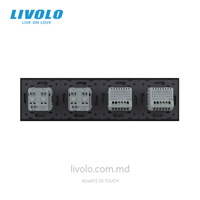 &Icirc;ntrerupător tactil Livolo 1+1 clapă + 2 prize, 4 posturi, Negru