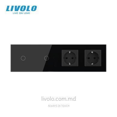 &Icirc;ntrerupător tactil Livolo 1+1 clapă + 2 prize, 4 posturi, Negru