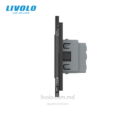 &Icirc;ntrerupător tactil Livolo 1+1 clapă + 2 prize, 4 posturi, Negru