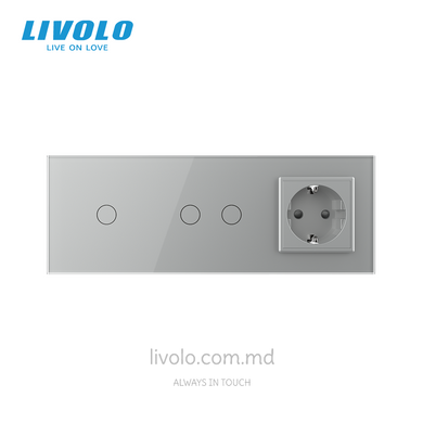 Сенсорный выключатель Livolo 1 клавиша + 2 клавиши + 1 розетка, 3 поста, Серый