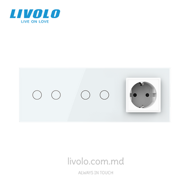 &Icirc;ntrerupător tactil Livolo 2 clape + 2 clape + 1 priză, 3 posturi, Alb
