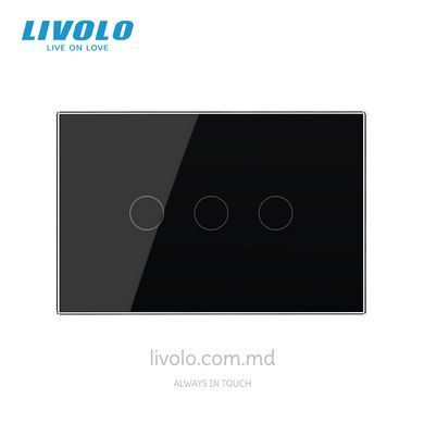 Сенсорный проходной выключатель Livolo на 3 клавиши для квадратного подрозетника 3M, Черный