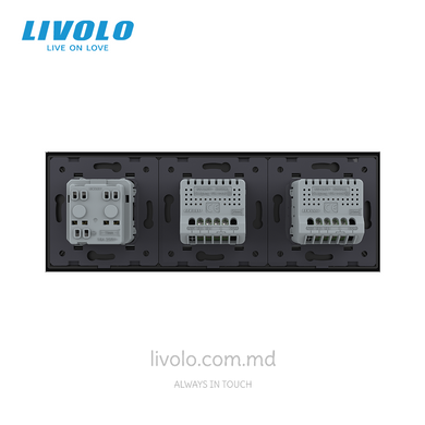 &Icirc;ntrerupător tactil Livolo 2 clape + 2 clape + 1 priză, 3 posturi, Negru