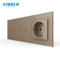 &Icirc;ntrerupător tactil Livolo 2 clape + 2 clape + 1 priză, 3 posturi, Auriu
