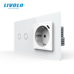&Icirc;ntrerupător tactil Livolo 2 clape + 1 priză cu USB-C, 2 posturi, Alb