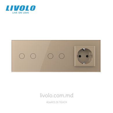 Сенсорный выключатель Livolo 2 клавиши + 2 клавиши + 1 розетка, 3 поста, Золотой