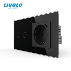 &Icirc;ntrerupător tactil Livolo 2 clape + 1 priză cu USB-C, 2 posturi, Negru