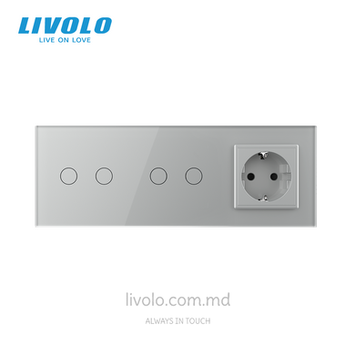 &Icirc;ntrerupător tactil Livolo 2 clape + 2 clape + 1 priză, 3 posturi, Gri