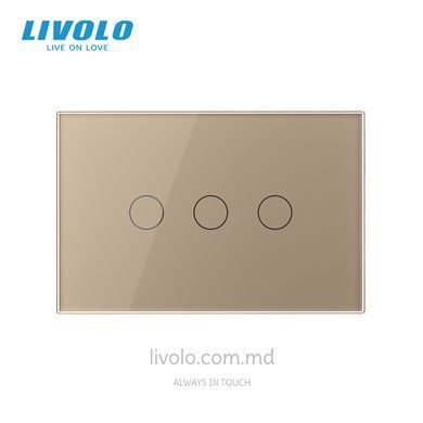 Сенсорный проходной выключатель Livolo на 3 клавиши для квадратного подрозетника 3M, Золотой