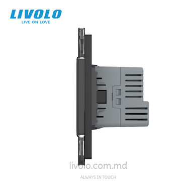 Сенсорный выключатель Livolo 2 клавиши + 1 розетка с USB-C, 2 поста, Черный