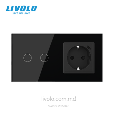 Сенсорный выключатель Livolo 2 клавиши + 1 розетка с USB-C, 2 поста, Черный