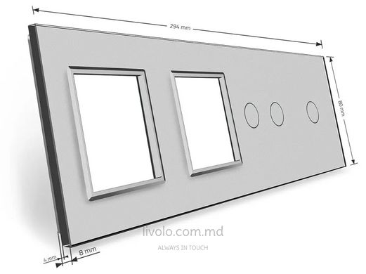 Панель для двух сенсорных выключателей и двух розеток Livolo, 3 клавиши (1+2+0+0), стекло, цвет Серый