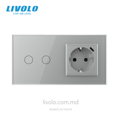 &Icirc;ntrerupător tactil Livolo 2 clape + 1 priză cu USB-C, 2 posturi, Gri