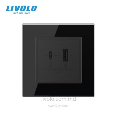 Розетка USB-A + USB-C 36W Livolo, стеклянная рама, Черный, Черный