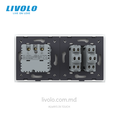 &Icirc;ntrerupător mecanic cap-scară Livolo 2 clape + 1 priză cu USB-C, 2 posturi, Alb