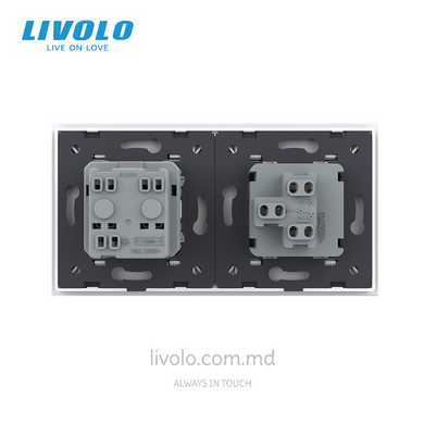 Механический проходной выключатель Livolo 1 клавиша + 1 розетка, 2 поста, Белый