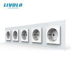 Ansamblu cu 5 prize Livolo tip Schuko, 5 posturi, Alb