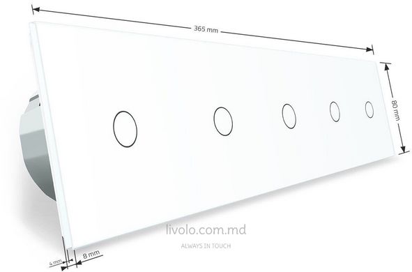 Сенсорный проходной выключатель Livolo 5 клавиш (1+1+1+1+1), 5 модулей Белый