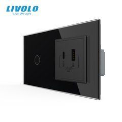 Сенсорный выключатель Livolo 1 клавиша + 1 розетка USB-A+USB-C 36W, 2 поста, Черный